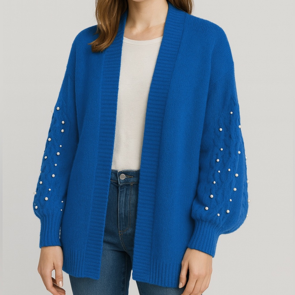 🆕Umgee Blue Pearl Embellished Open Knit Cardigan Sweater Size S Cozy Fall Winter